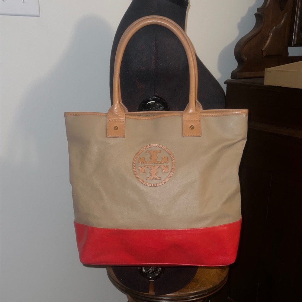 Tory Burch Red and Beige Canvas Leather Tote